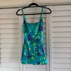 Vintage Floral Turquoise Bathing Suit with Purple & Lime Flowers